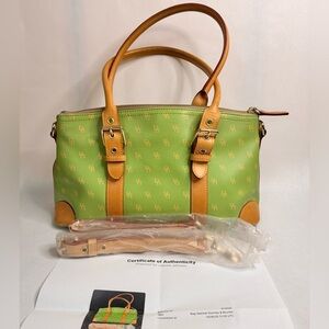 Dooney & Bourke Monogram Satchel – Lime Green & Tan Leather with COA
